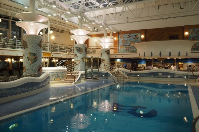 This vast swimming pool area is under a sliding roof and is air conditioned. Amazing.