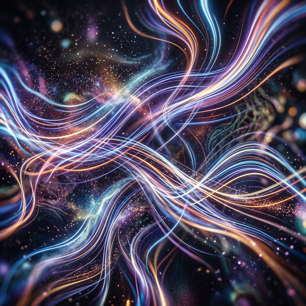 Intertwining vibrant blue, purple, and orange light trails on dark background with star-like specks